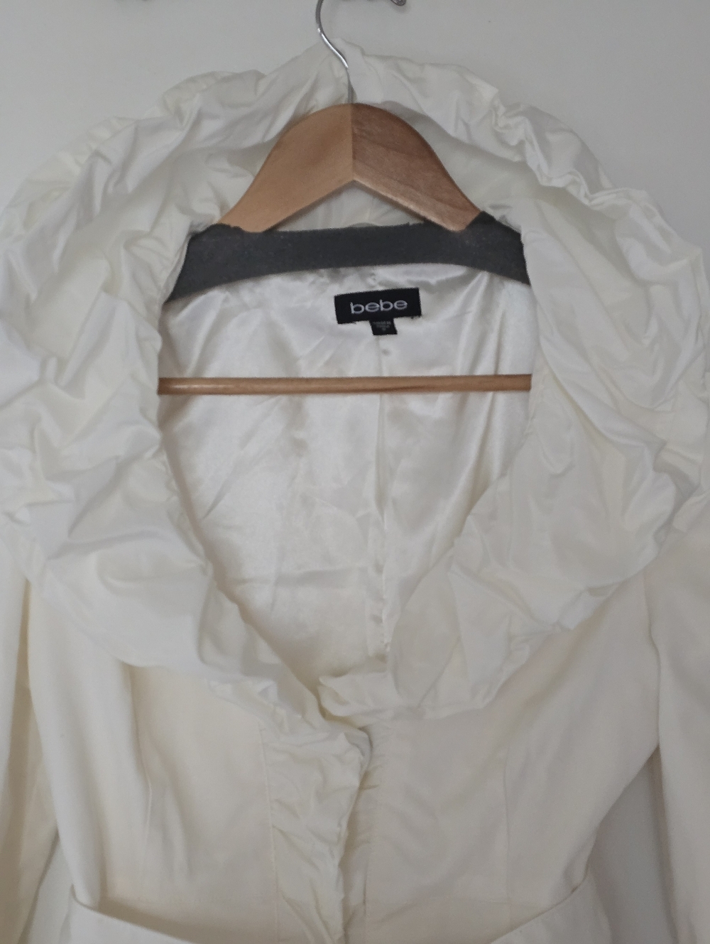 Bebe Ivory Ruffle-Trimmed Trench Coat with Belt Size Small, Like New. - Picture 10 of 17